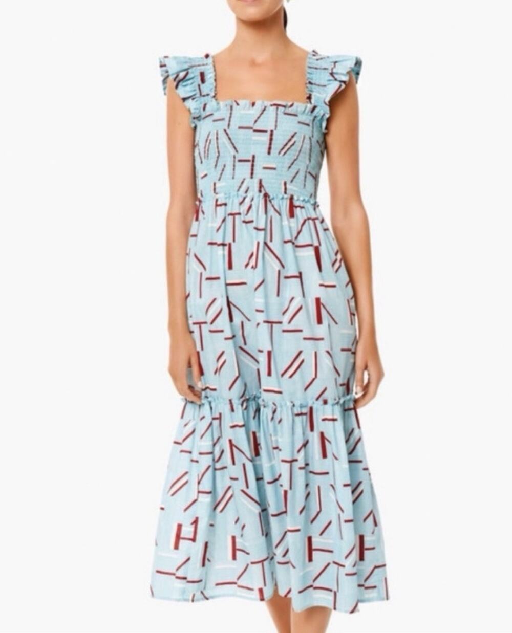 Tuckernuck Rory Dress Flutter Sleeve Smocked Coastal Blue Red XS Cottagecore